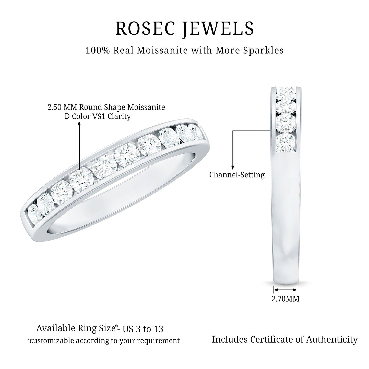 Channel Set Moissanite Half Eternity Band Ring