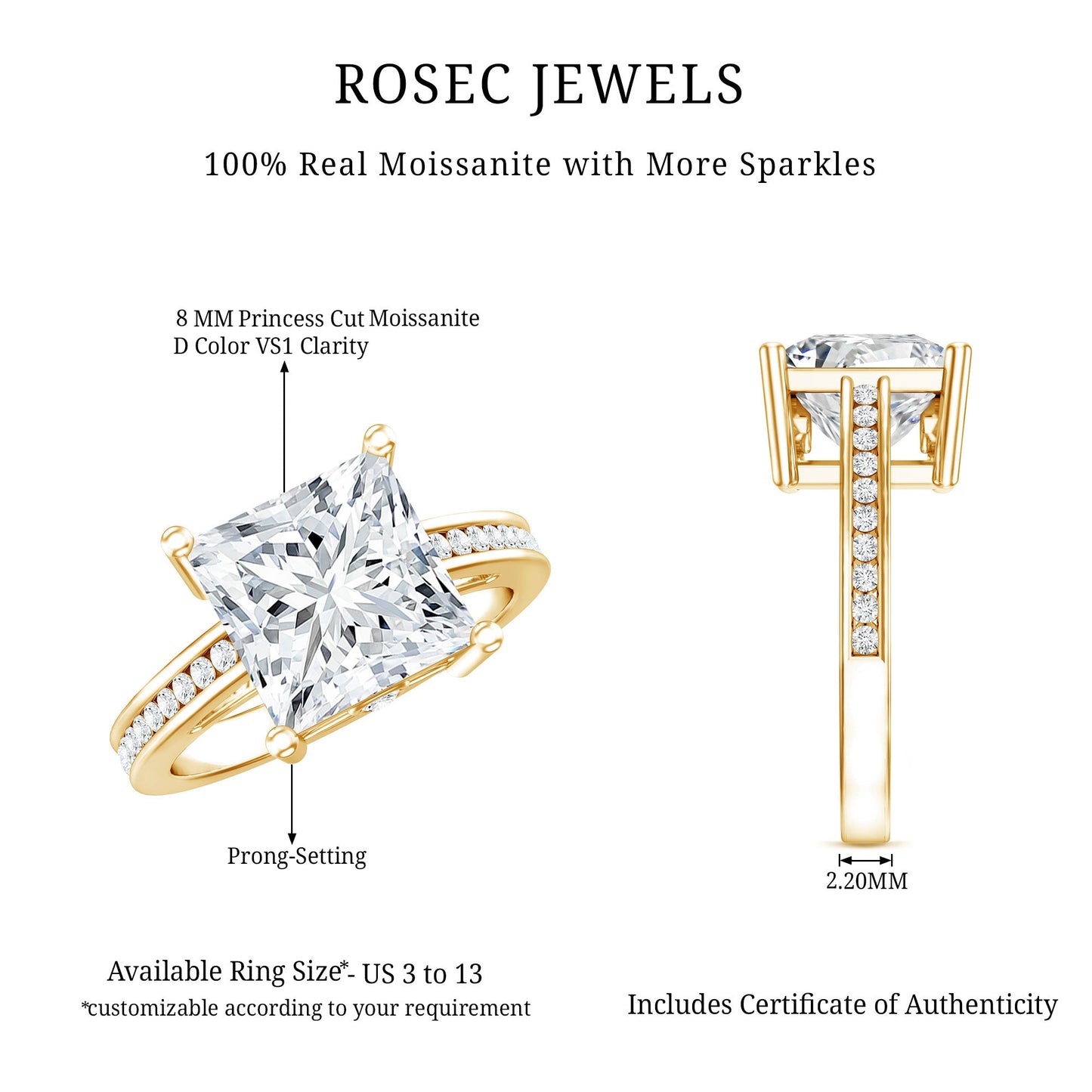 Solitaire Moissanite Princess Cut Engagement Ring with Side Stones