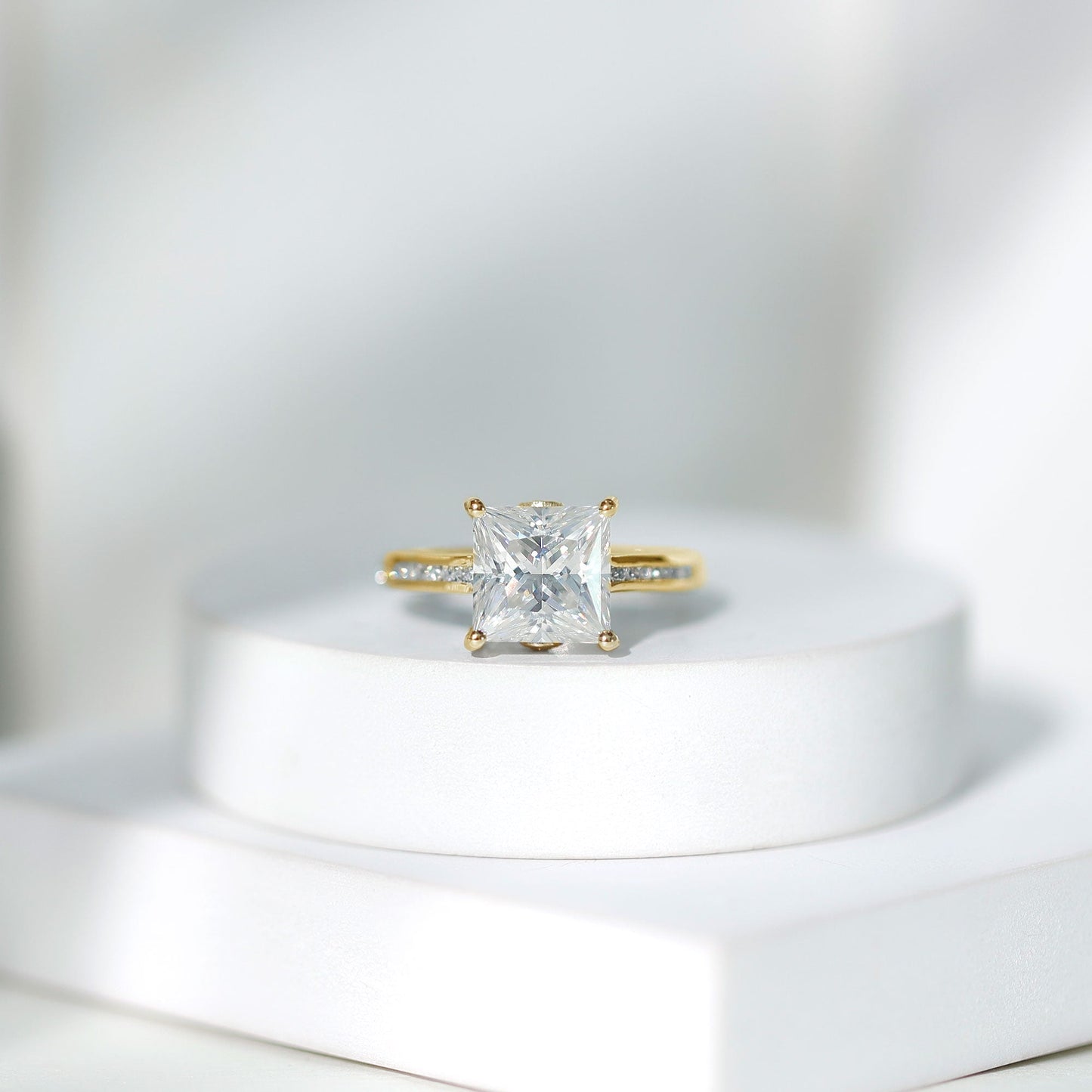 Solitaire Moissanite Princess Cut Engagement Ring with Side Stones