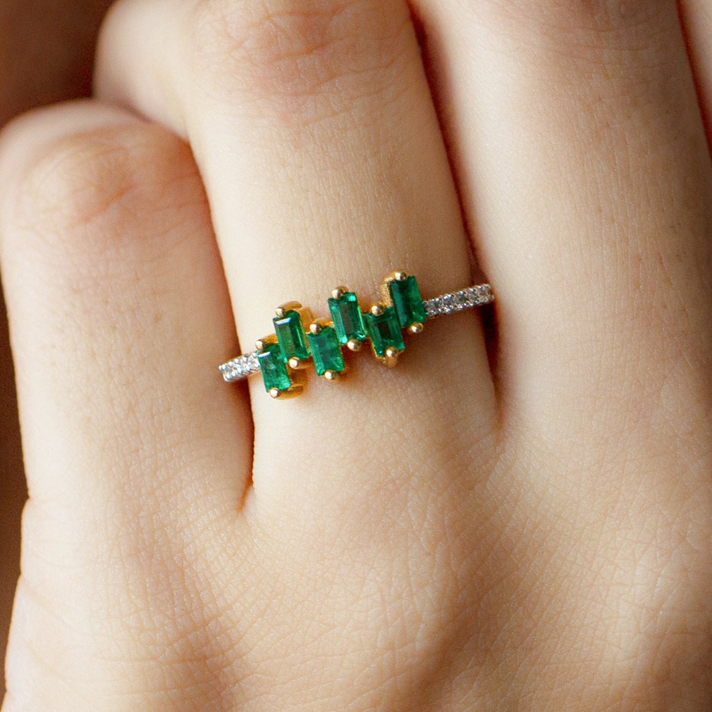 Baguette Cut Emerald Promise Ring with Diamond Side Stones
