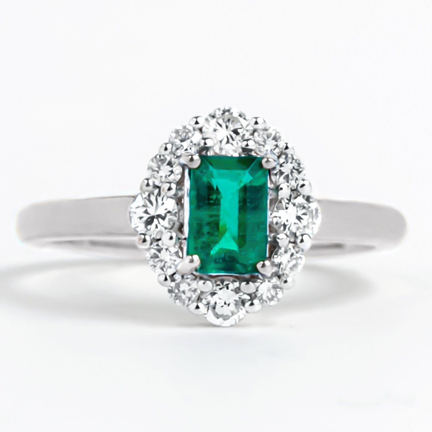 Classic Emerald Cut Emerald Engagement Ring with Diamond Halo