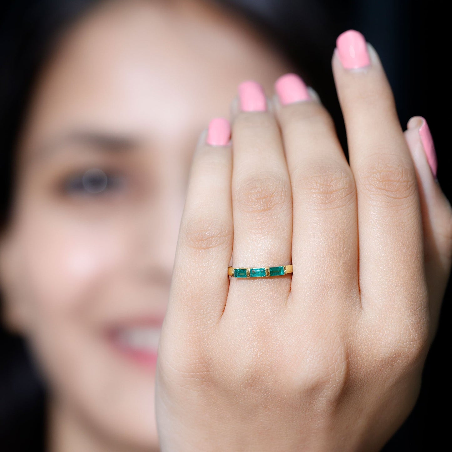 Baguette Cut Real Emerald 3 Stone Ring with Certificate