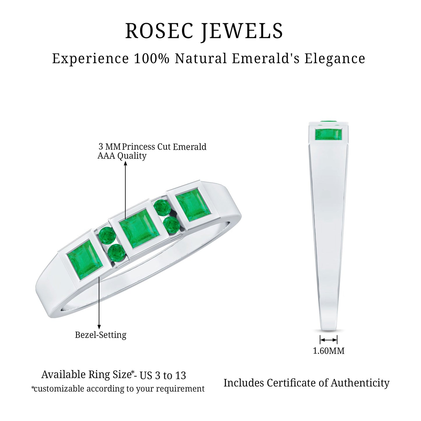 Natural Emerald Princess Cut Band Ring