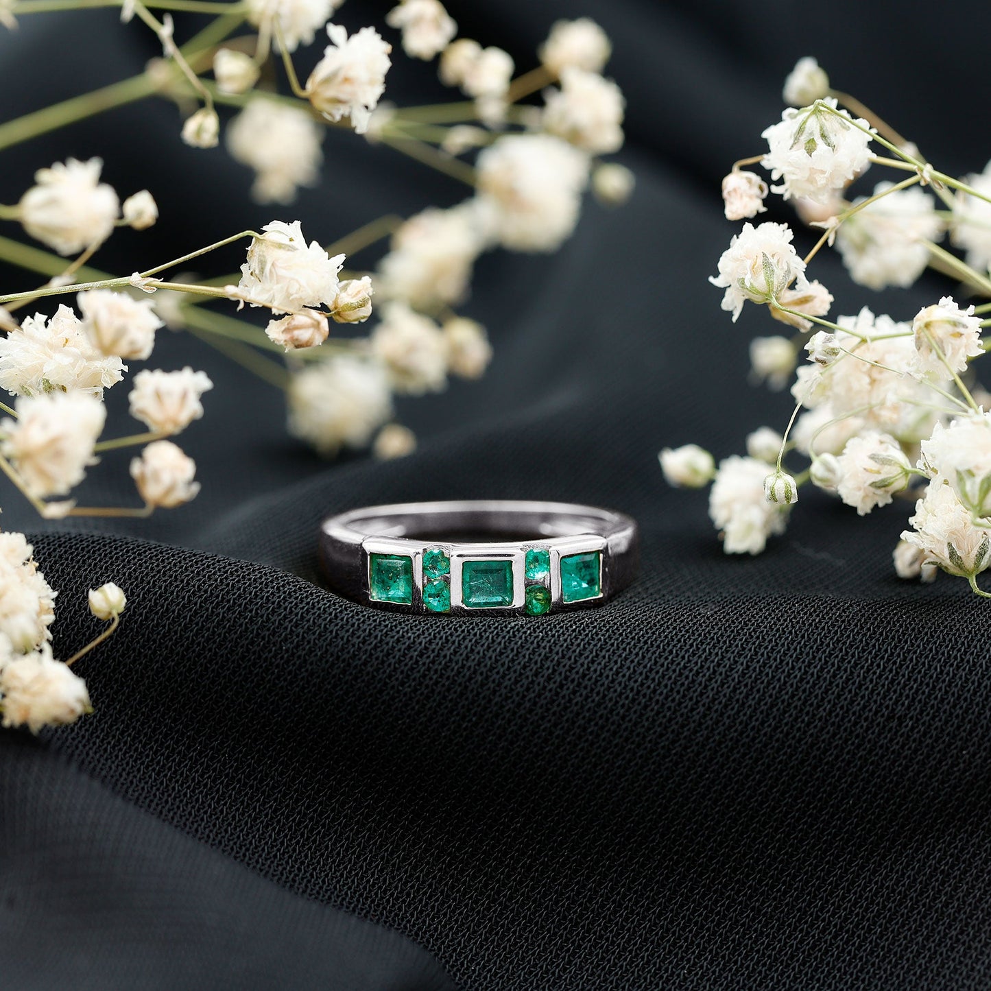 Natural Emerald Princess Cut Band Ring