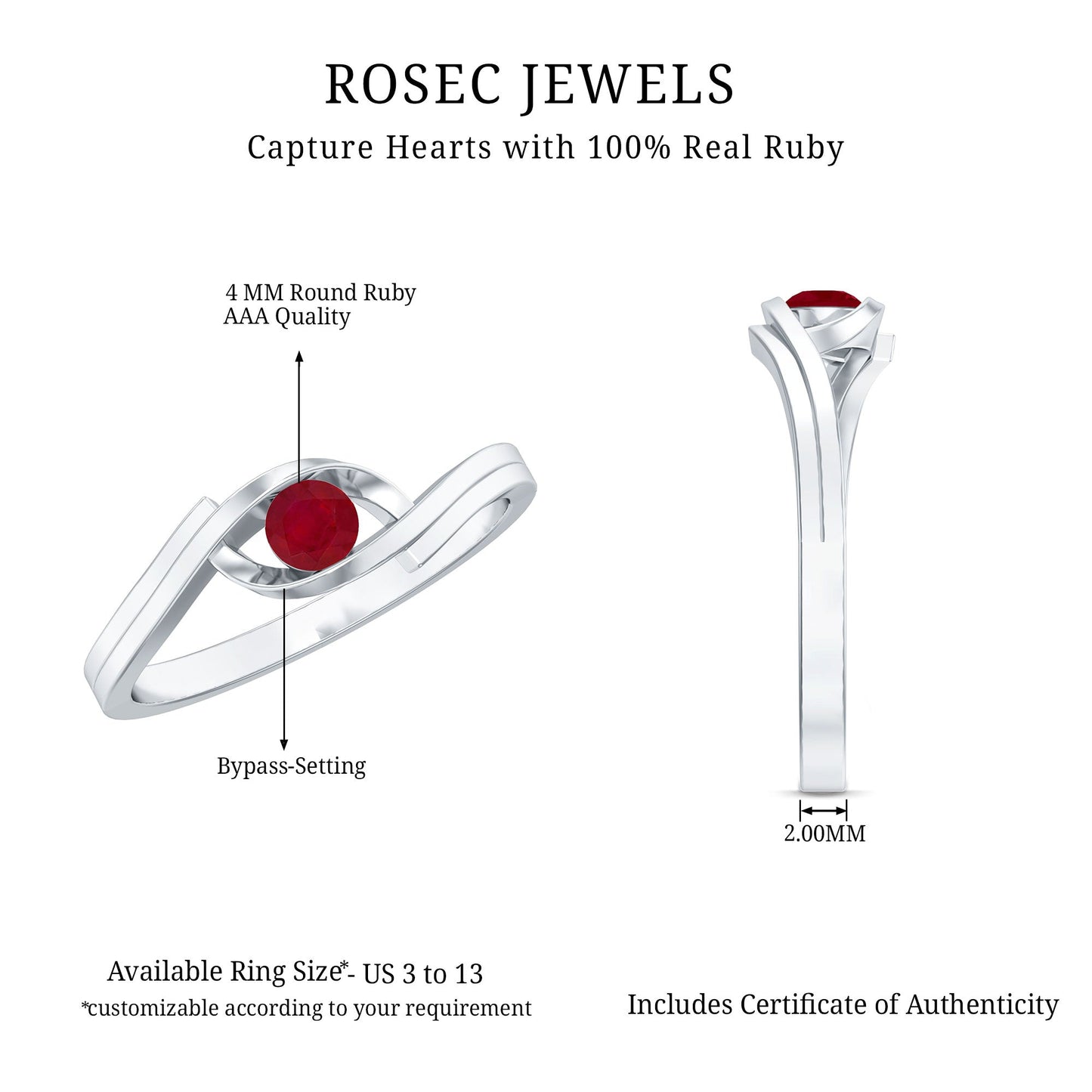 Natural Red Ruby Promise Ring with Bypass Shank