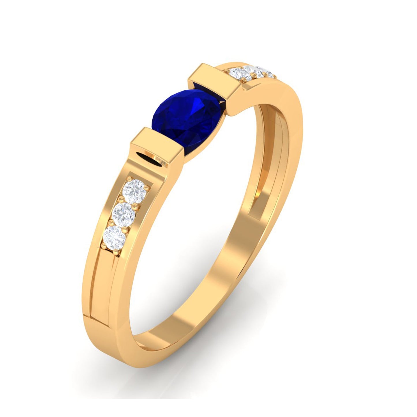 East West Style Oval Blue Sapphire Solitaire Ring with Diamond