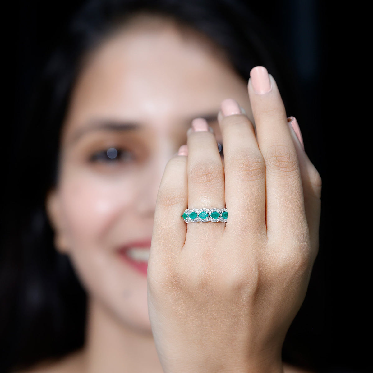 Pear Shape Emerald Anniversary Wedding Ring with Diamond Accent