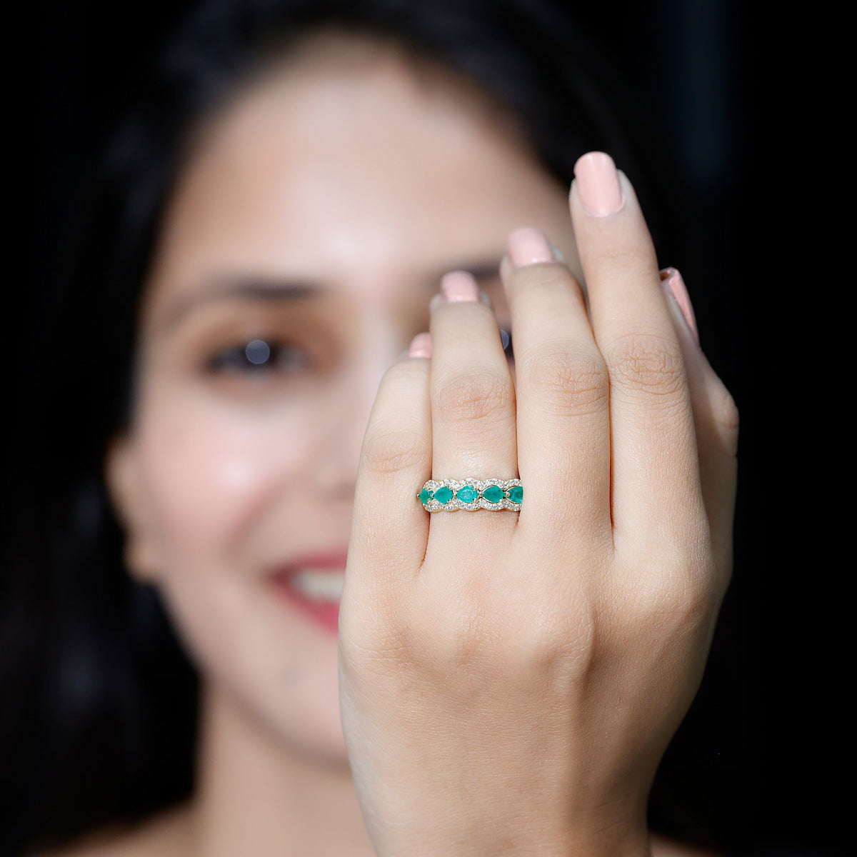Pear Shape Emerald Anniversary Wedding Ring with Diamond Accent