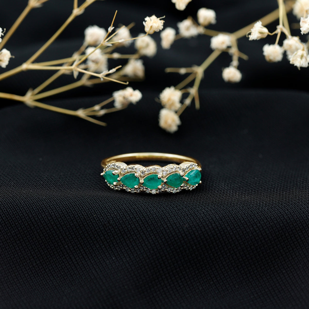 Pear Shape Emerald Anniversary Wedding Ring with Diamond Accent
