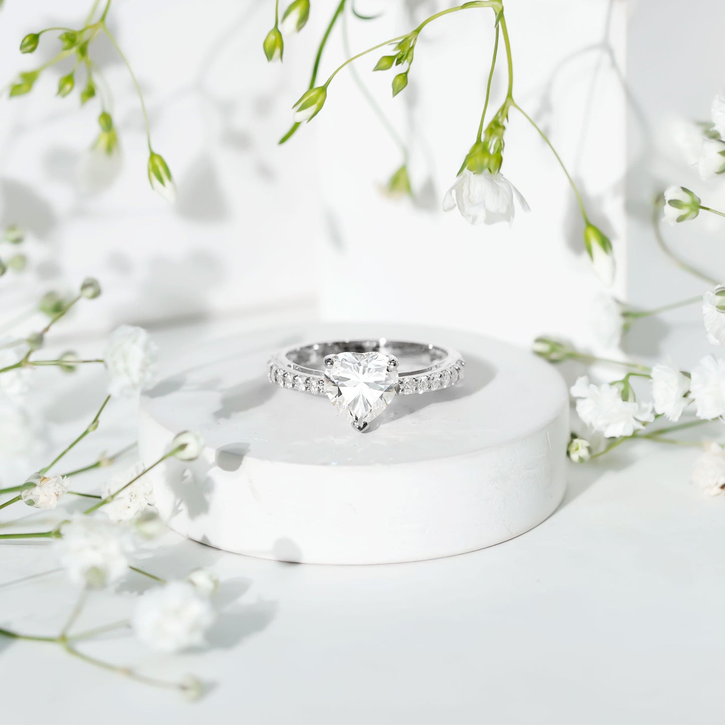 2 CT Moissanite Heart Engagement Ring With Side Stones