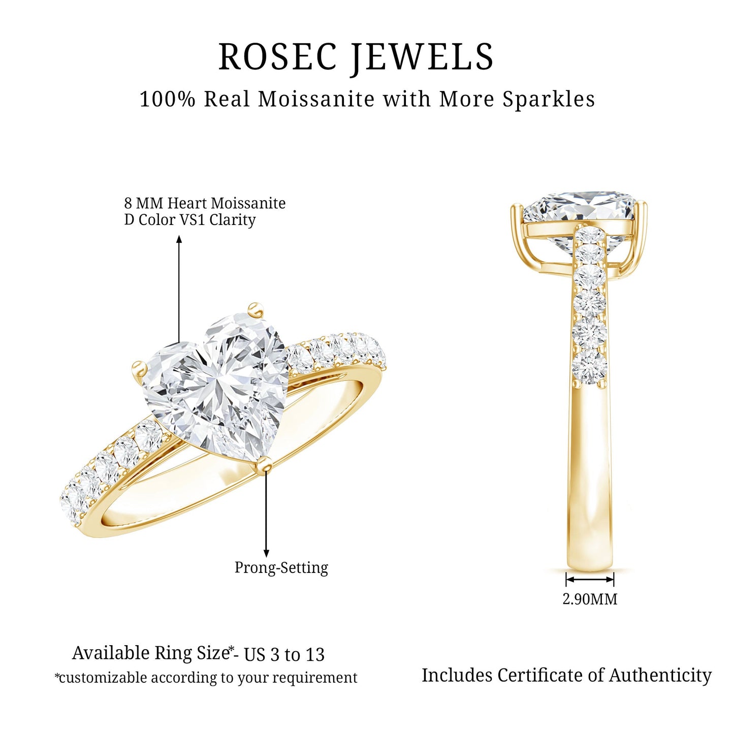 2 CT Moissanite Heart Engagement Ring With Side Stones