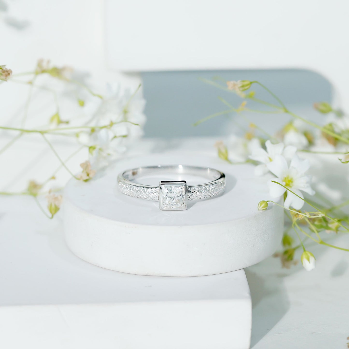 Princess Cut Moissanite Solitaire Engagement Ring in Bezel Setting