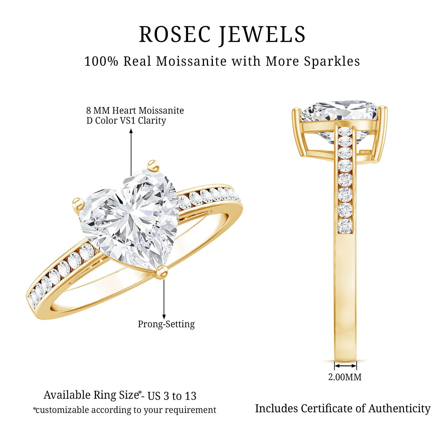 Moissanite 2 Carat Heart Engagement Ring with Side Stones