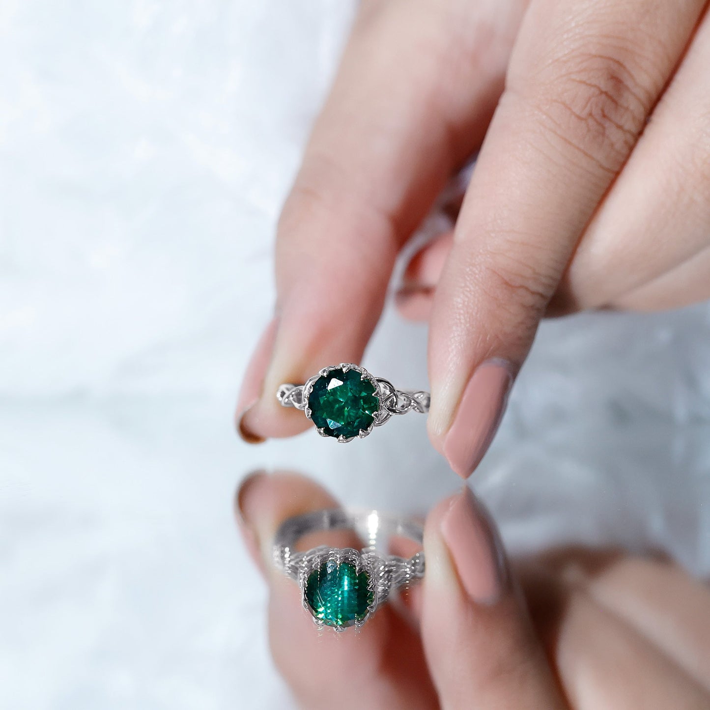 Lotus Basket Set Lab Grown Emerald Knot Engagement Ring