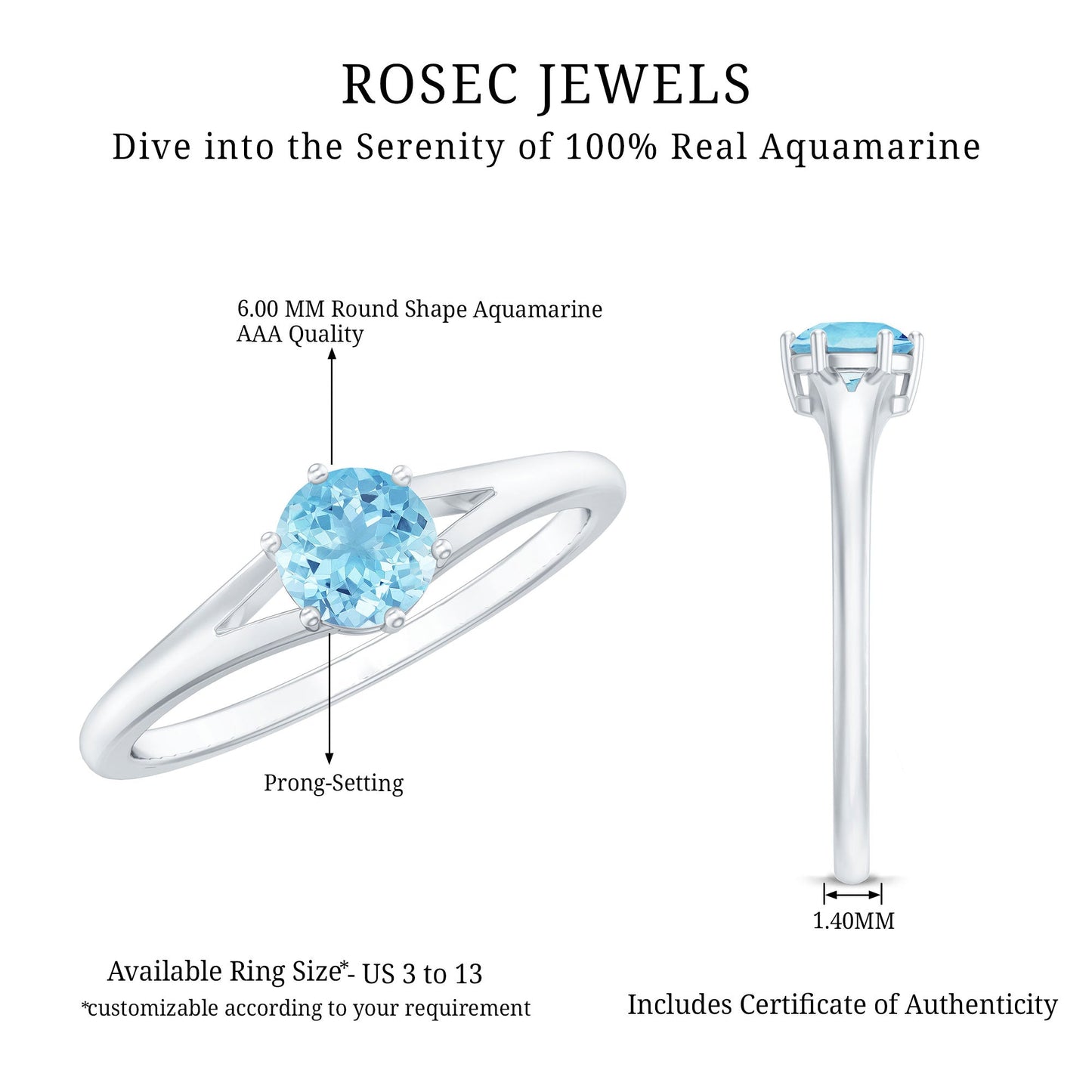 Natural Aquamarine Solitaire Promise Ring in 6 Prong Setting