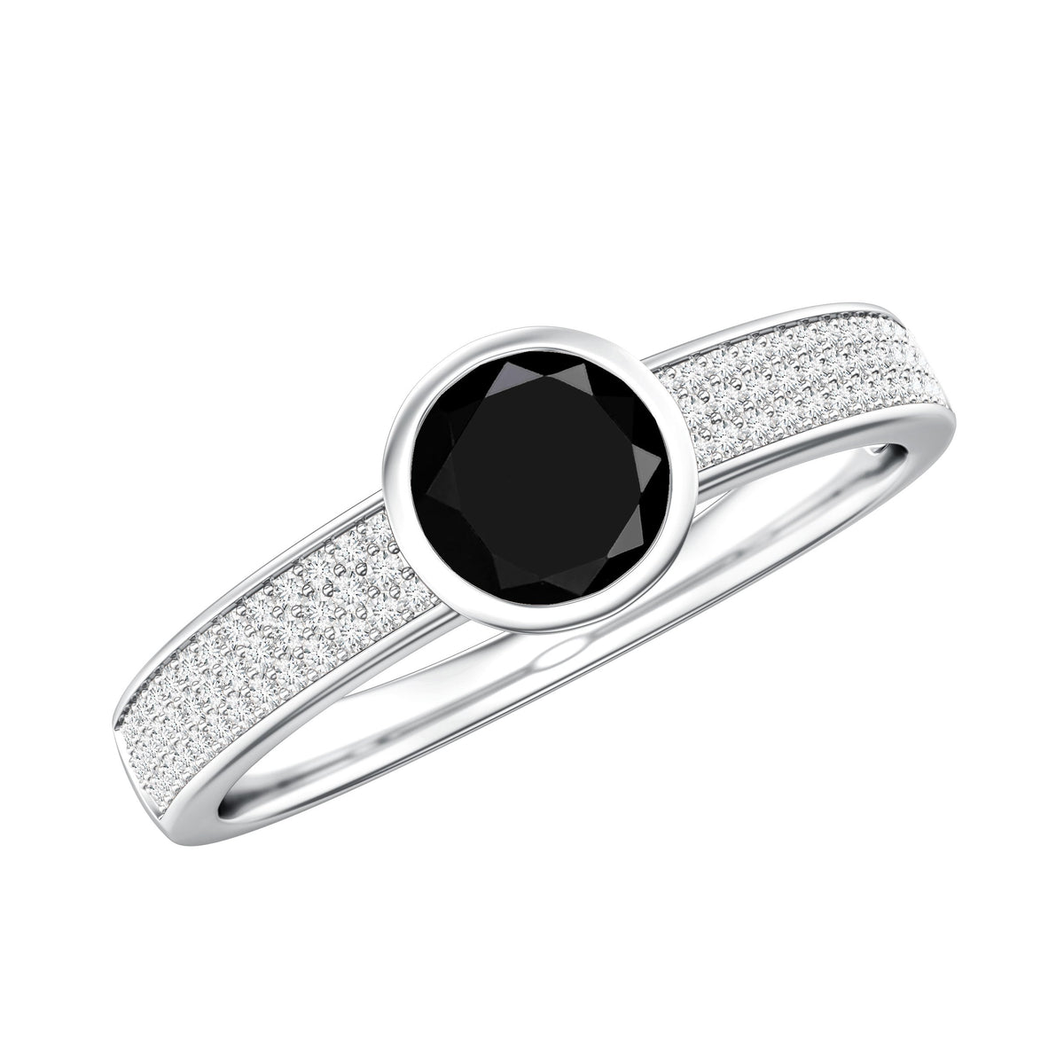 Natural Black Spinel Bezel Set Engagement Ring with Diamond Side Stones