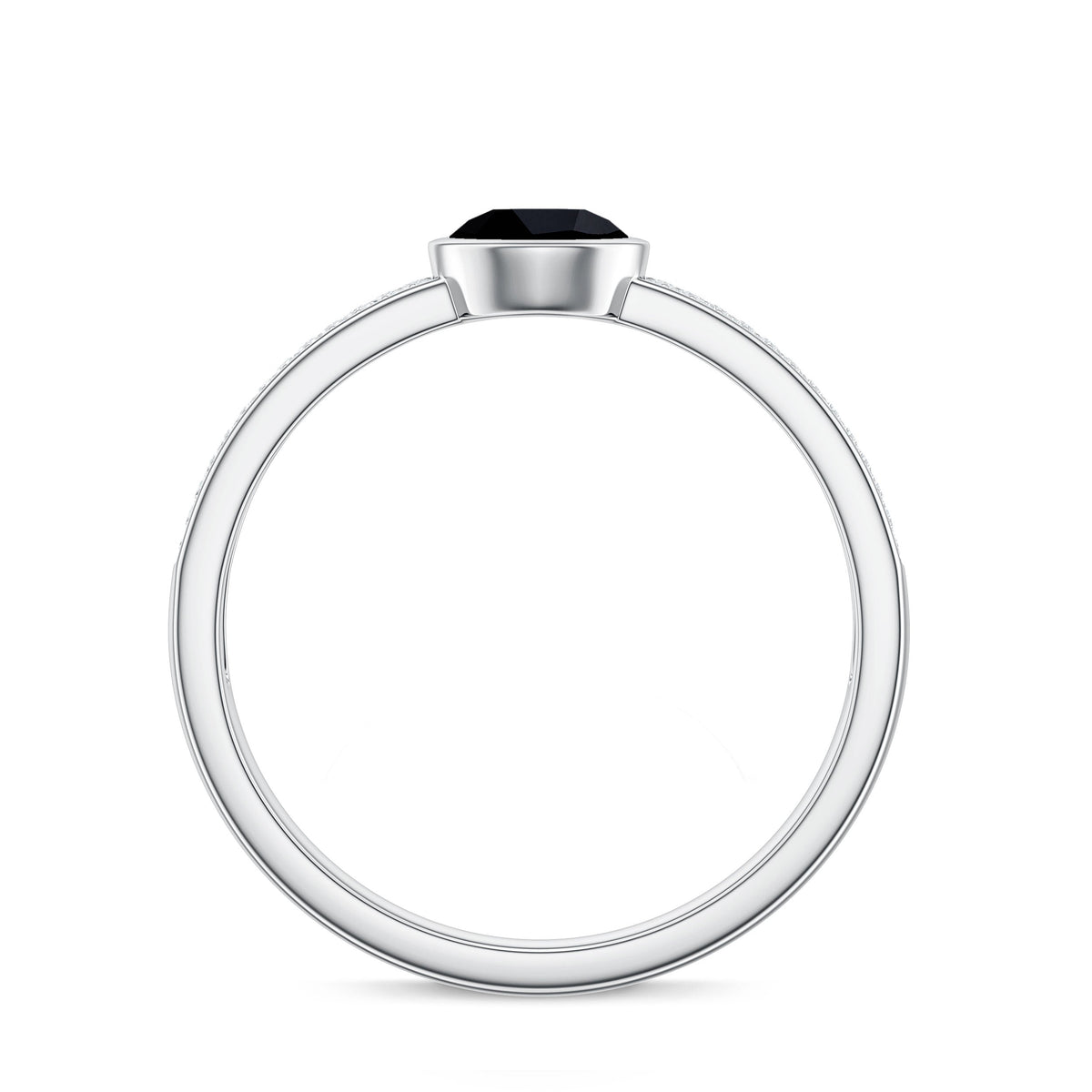 Natural Black Spinel Bezel Set Engagement Ring with Diamond Side Stones
