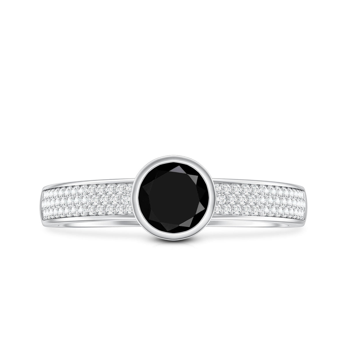 Natural Black Spinel Bezel Set Engagement Ring with Diamond Side Stones