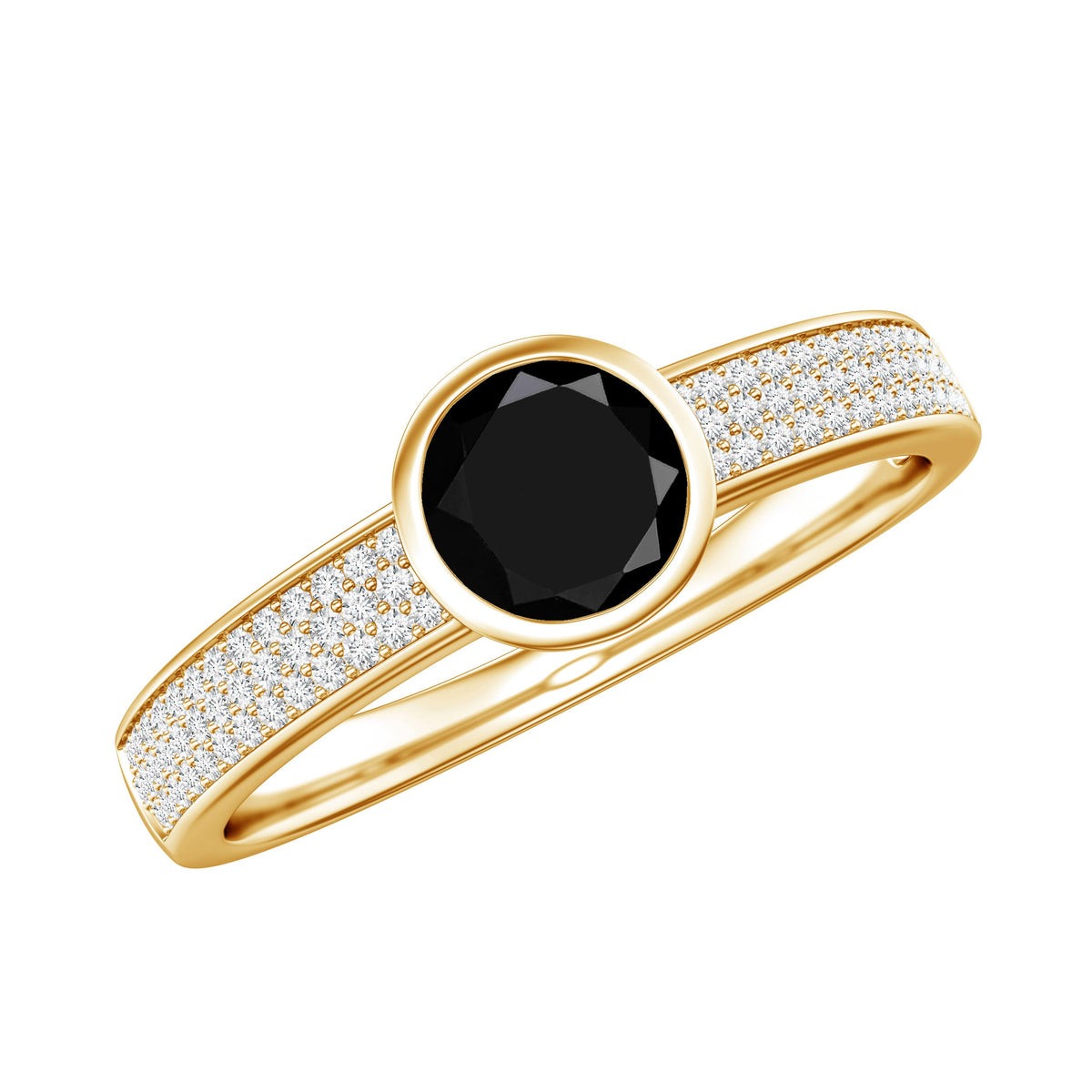 Natural Black Spinel Bezel Set Engagement Ring with Diamond Side Stones