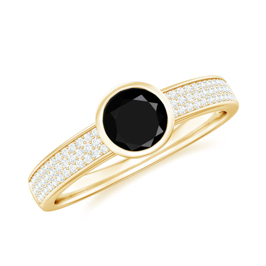 Natural Black Spinel Bezel Set Engagement Ring with Diamond Side Stones