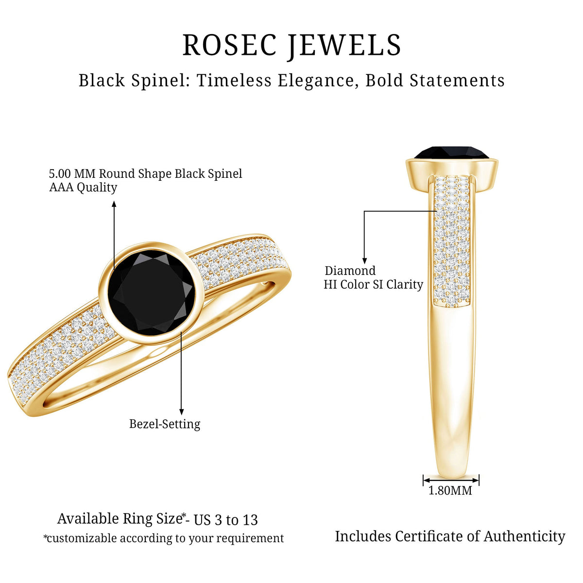 Natural Black Spinel Bezel Set Engagement Ring with Diamond Side Stones