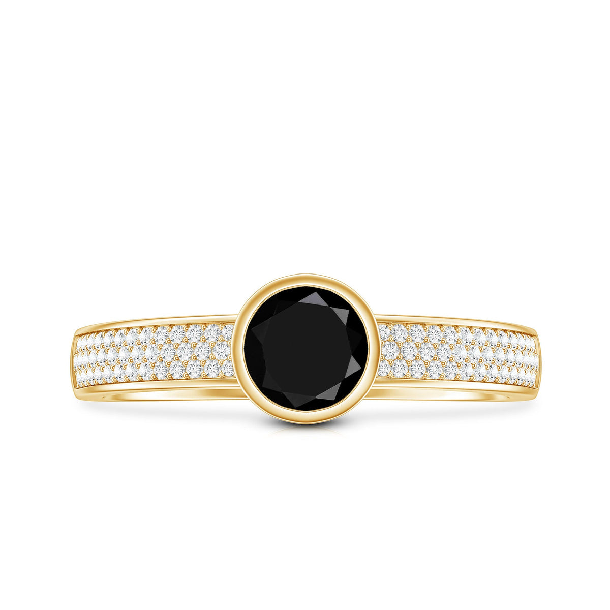 Natural Black Spinel Bezel Set Engagement Ring with Diamond Side Stones