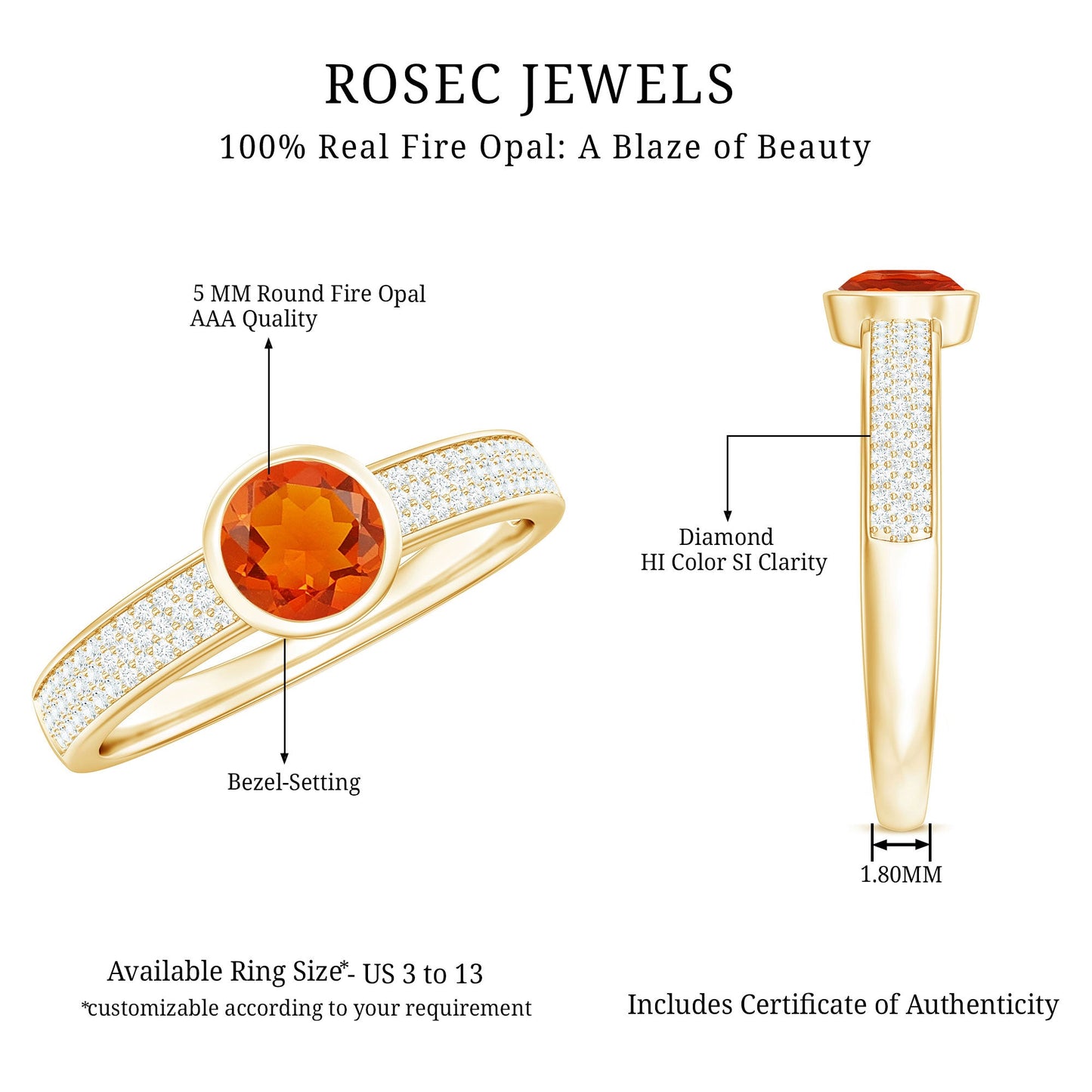 0.4 Carat Round Shape Fire Opal Engagement Ring with Diamond