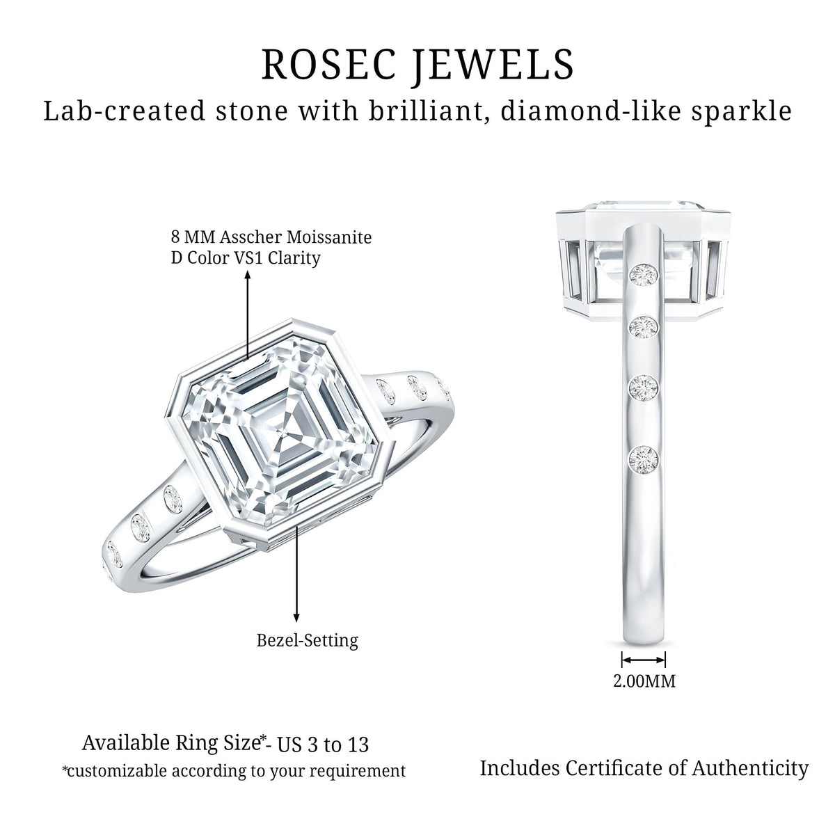 Solitaire Moissanite Asscher Cut Engagement Ring in Bezel Setting