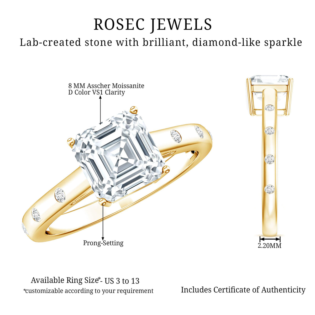 Asscher Cut Moissanite Solitaire Engagement Ring with Certificate