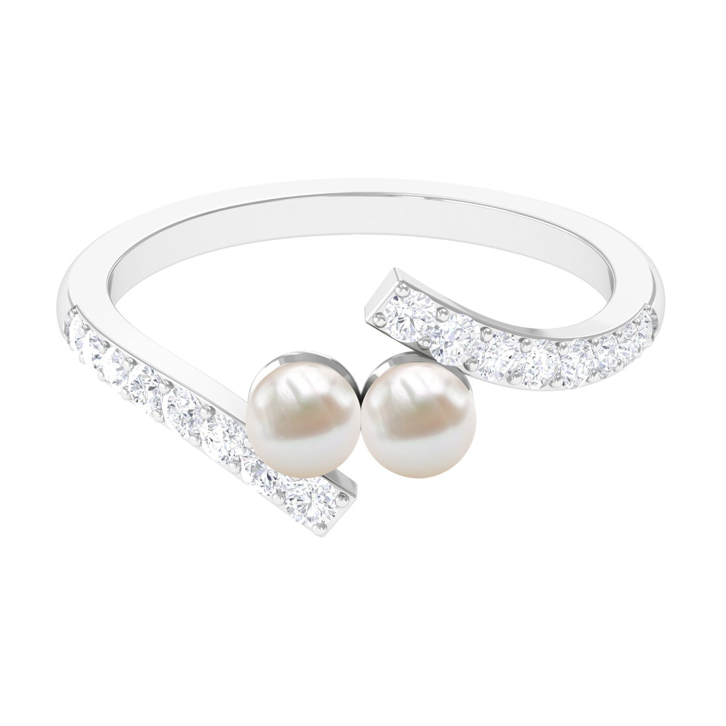 Freshwater Pearl 2 Stone Engagement Ring Diamond Bypass Shank