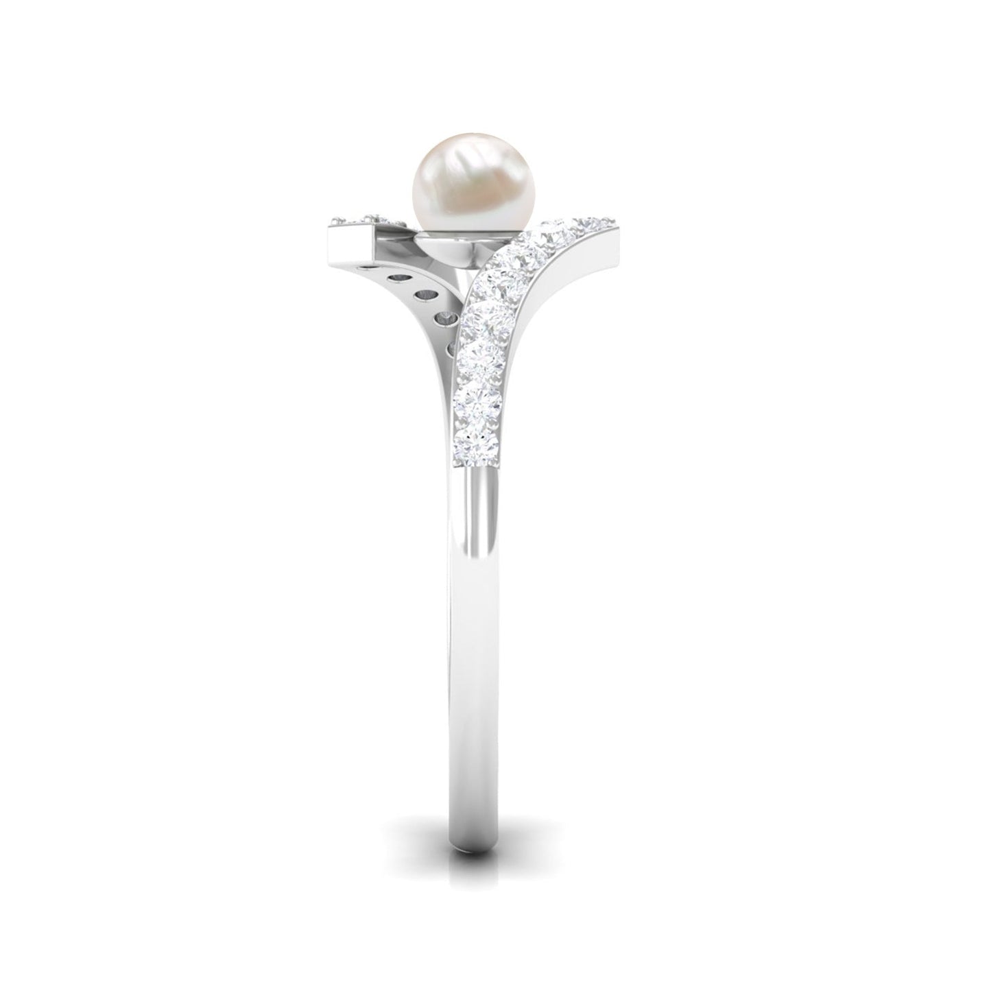 Freshwater Pearl 2 Stone Engagement Ring Diamond Bypass Shank