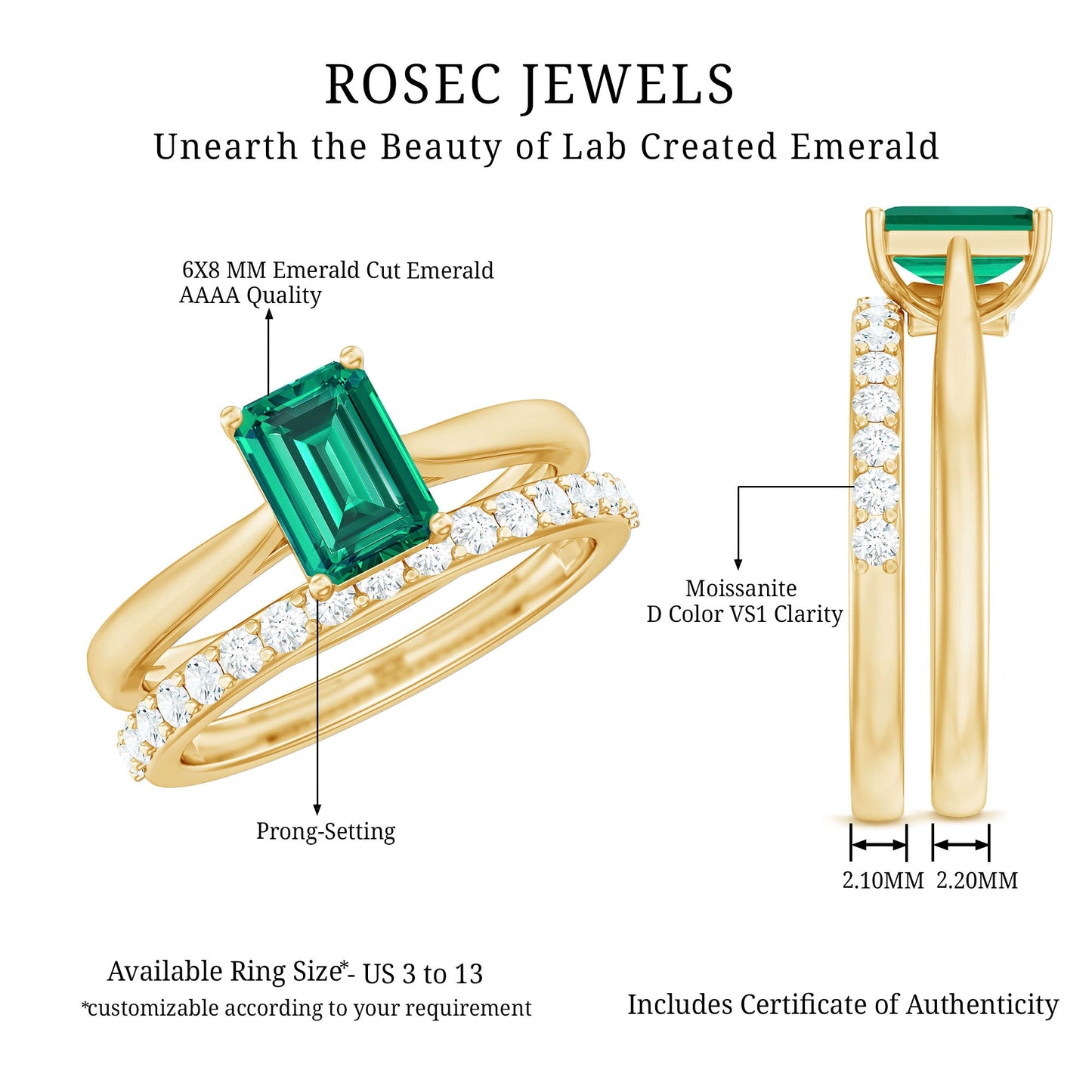 Certified 1.6 Carat Lab Grown Emerald Engagement Ring with Ring Guard