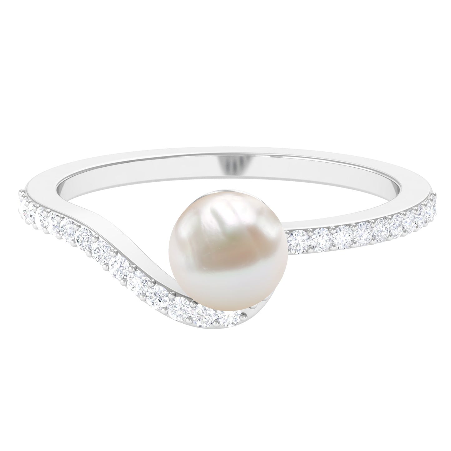 Cultured 2.2 Carat White Pearl Engagement Ring with Diamond Bypass Shank