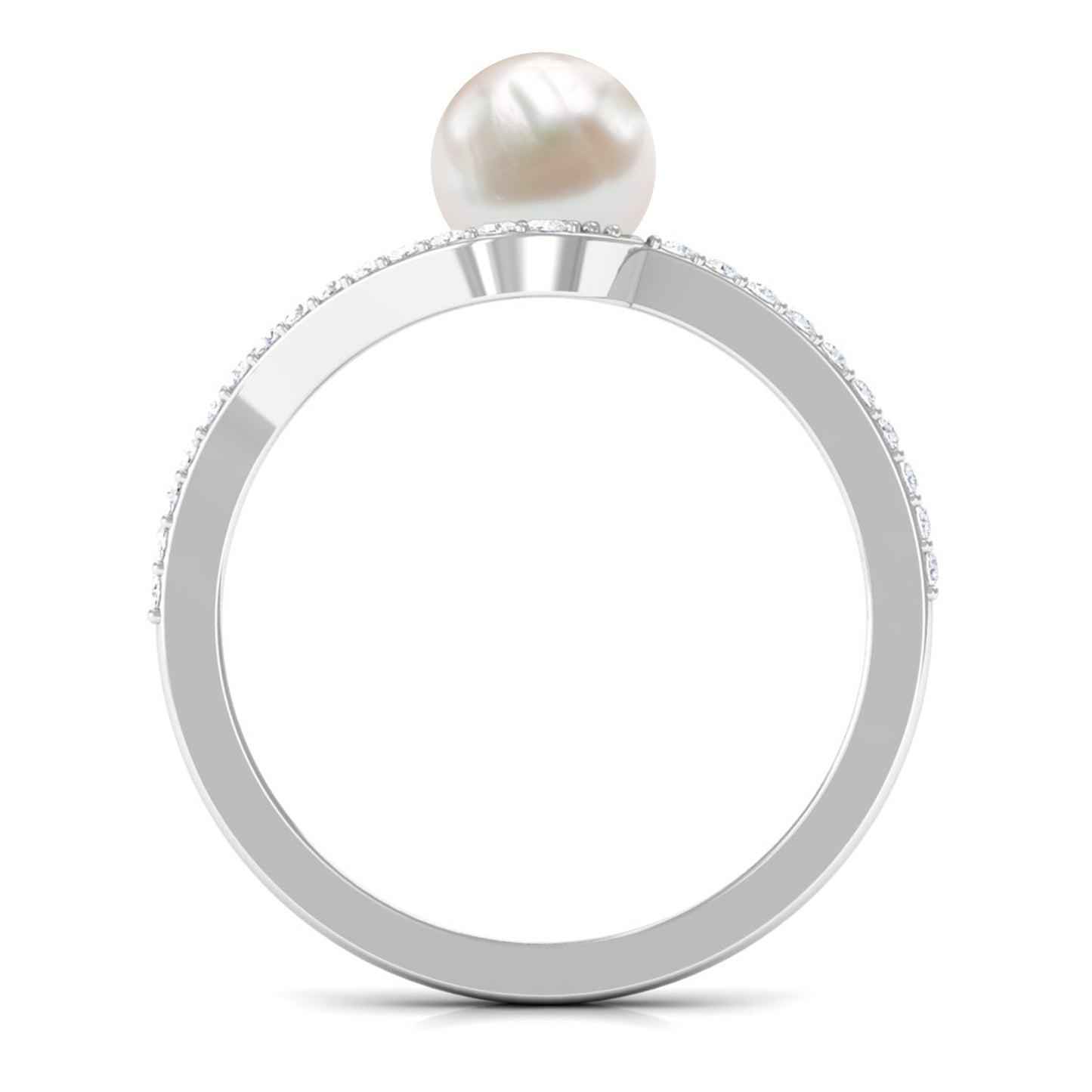 Cultured 2.2 Carat White Pearl Engagement Ring with Diamond Bypass Shank