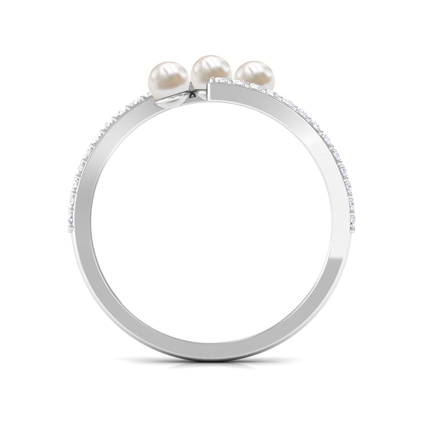 Natural Freshwater Pearl 3 Stone Engagement Ring with Diamond