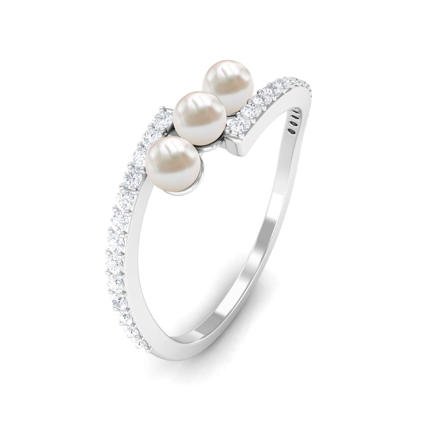 Natural Freshwater Pearl 3 Stone Engagement Ring with Diamond