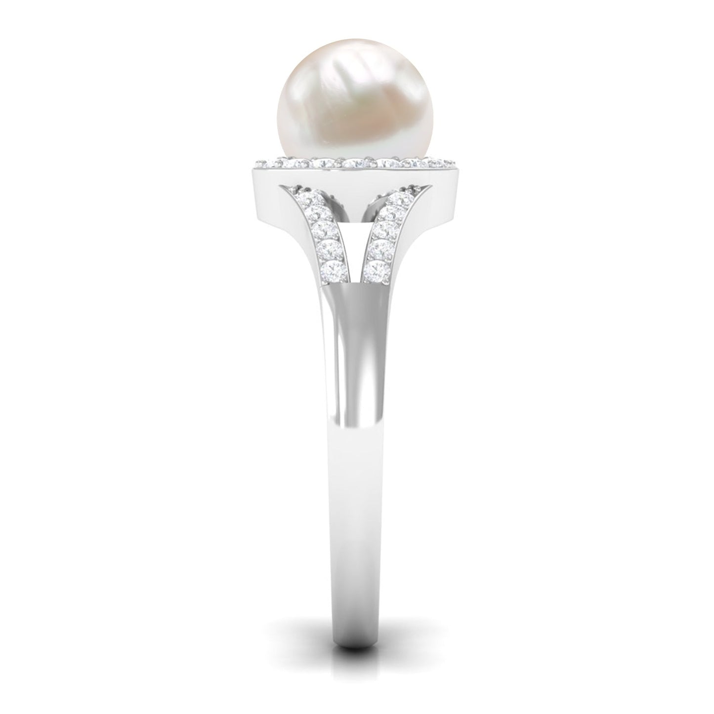 Split Shank Freshwater Pearl Engagement Ring with Diamond Halo