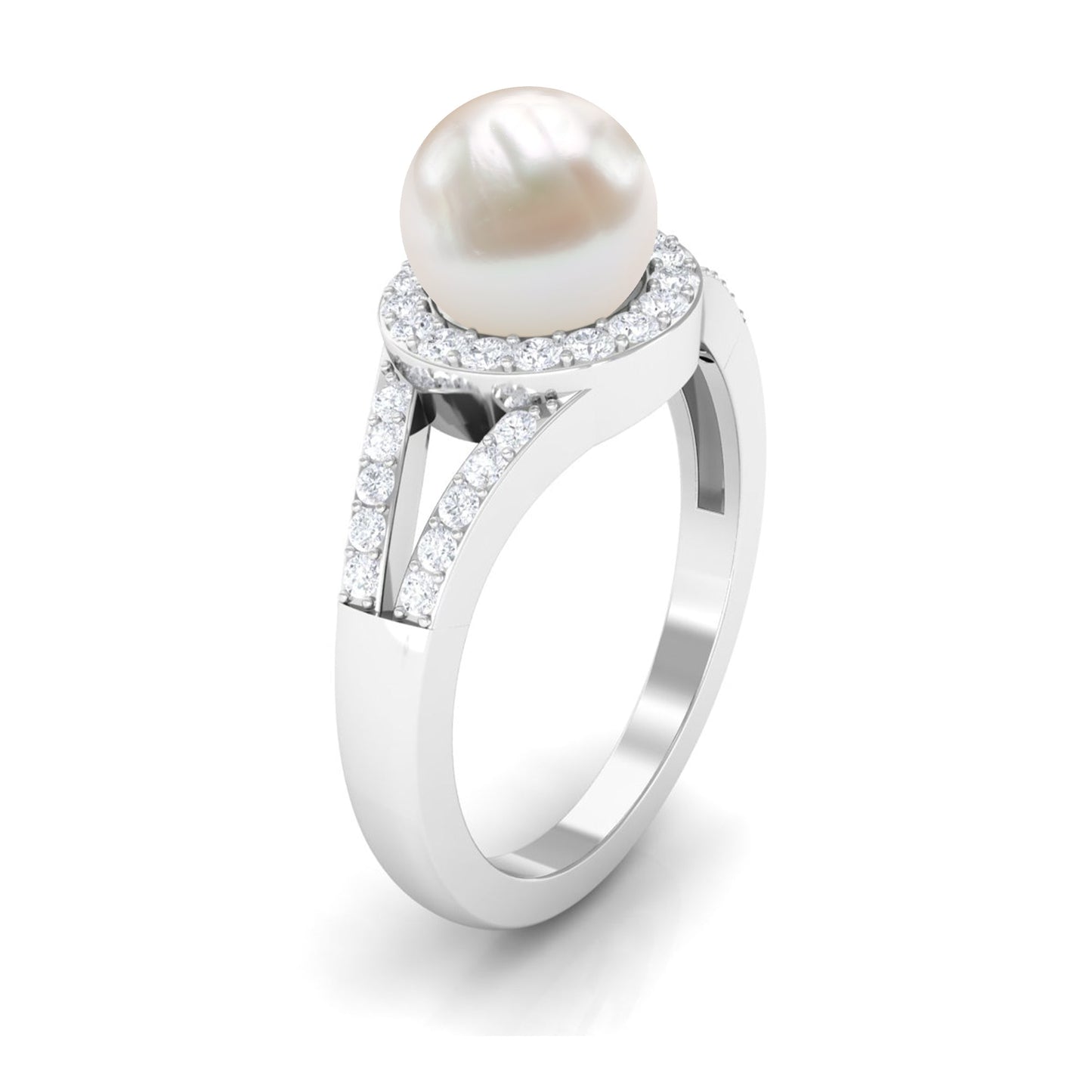 Split Shank Freshwater Pearl Engagement Ring with Diamond Halo