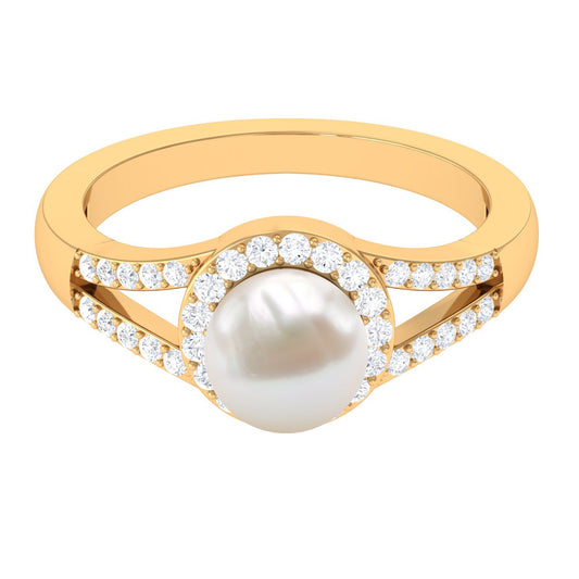 Split Shank Freshwater Pearl Engagement Ring with Diamond Halo