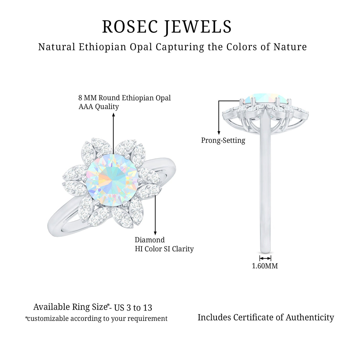2 Carat Round Shape Ethiopian Opal Floral Engagement Ring with Diamond