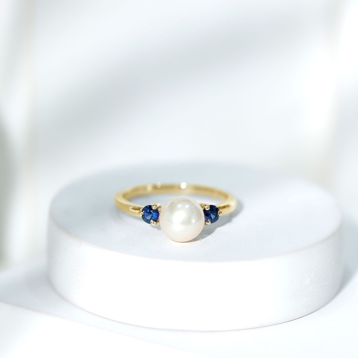 Cultured Freshwater Pearl Engagement Ring with Blue Sapphire