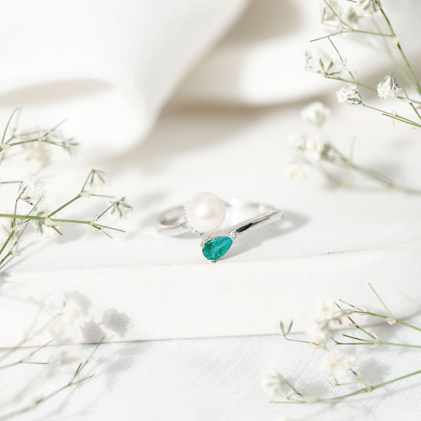 Cultured Freshwater Pearl and Emerald Toi Et Moi Promise Ring