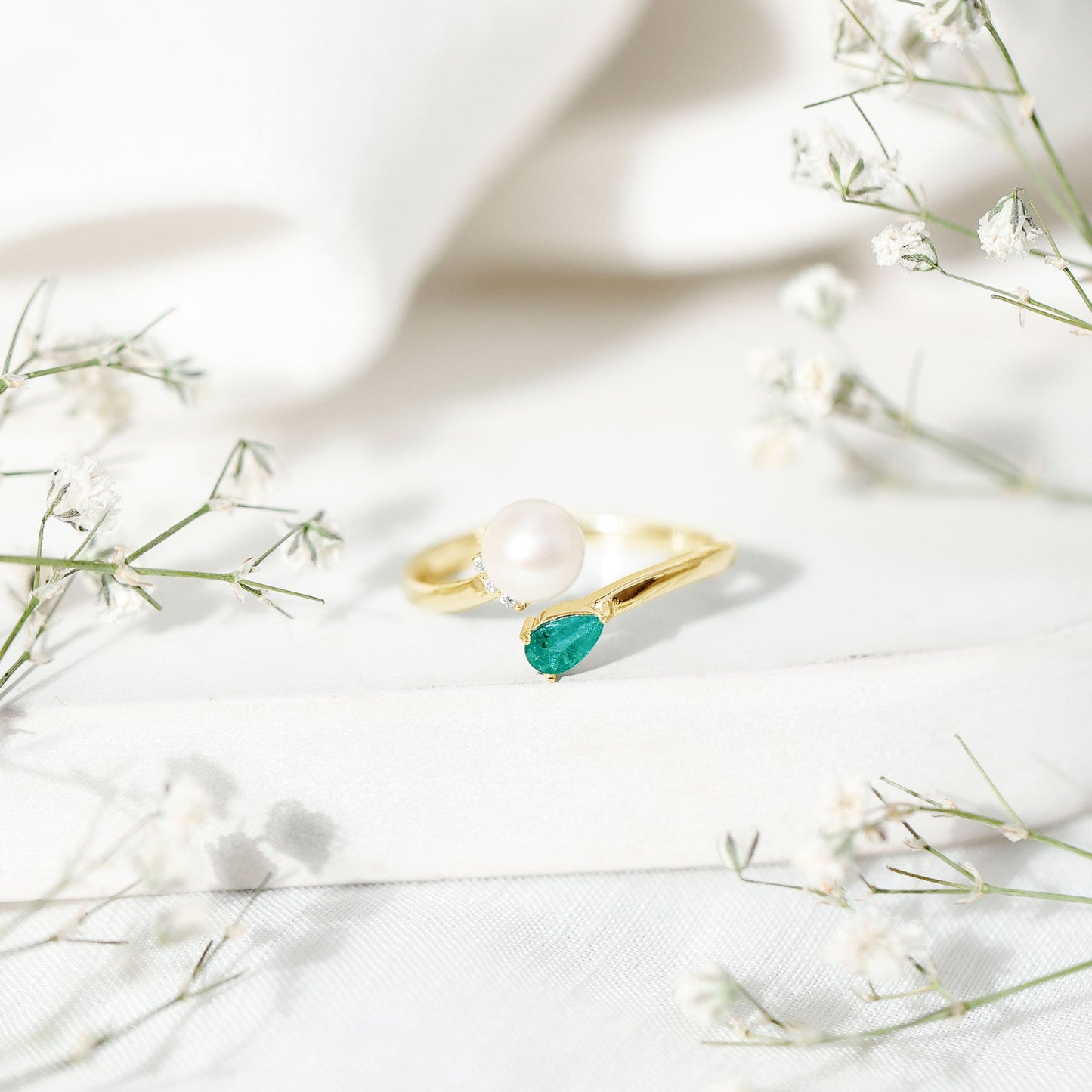 Cultured Freshwater Pearl and Emerald Toi Et Moi Promise Ring