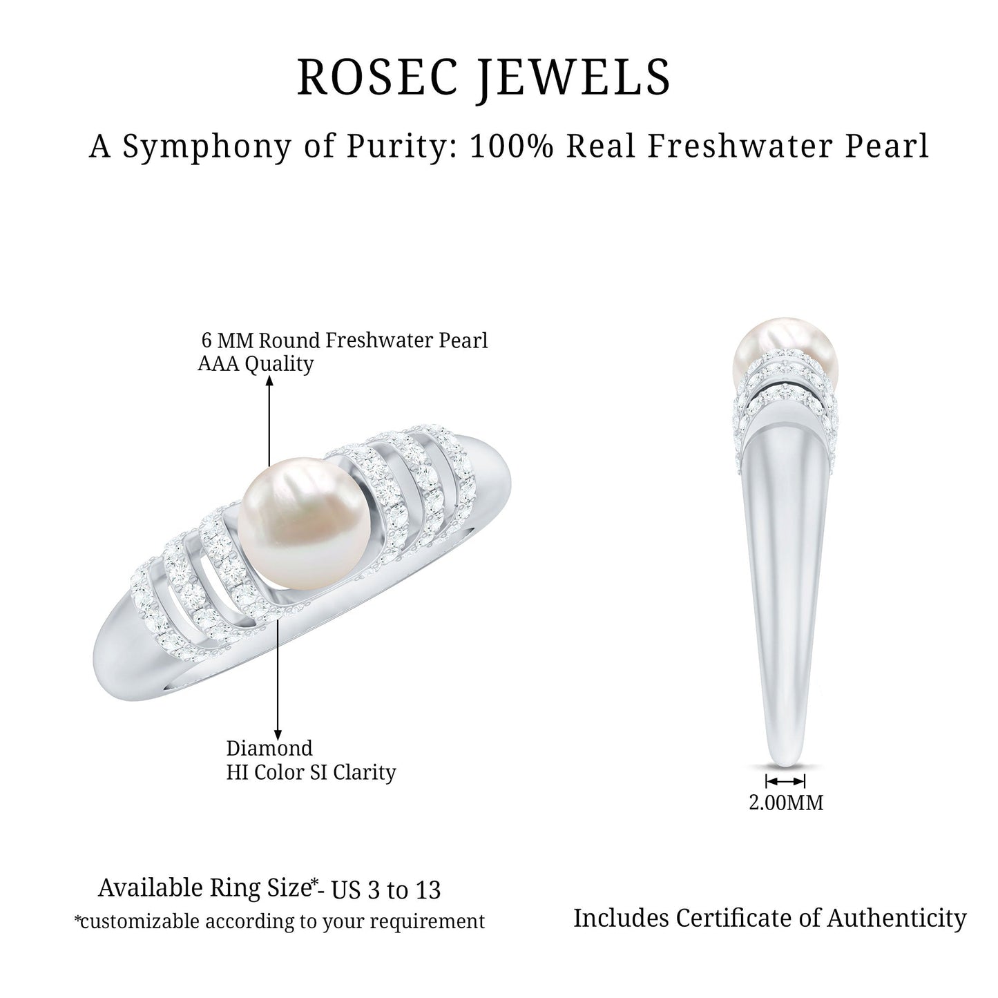 2.2 Carat Freshwater Pearl Diamond Engagement Ring for Women