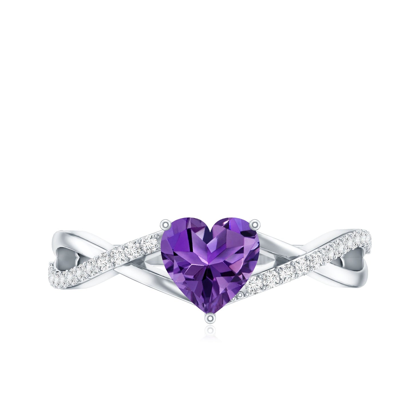 Genuine 0.9 Carat Amethyst Heart Engagement Ring with Diamond Crossover Shank