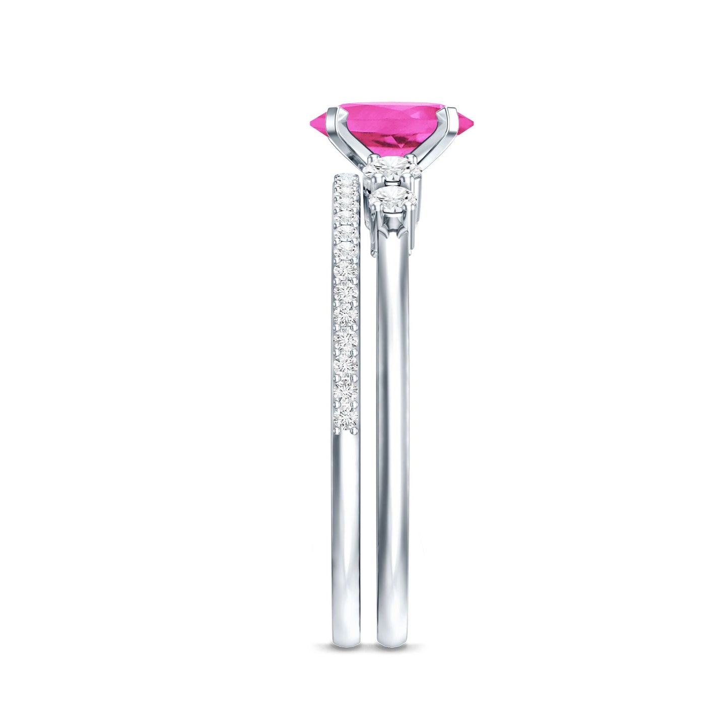1.5 Carat Oval Cut Solitaire Created Pink Sapphire Ring Set with Diamond