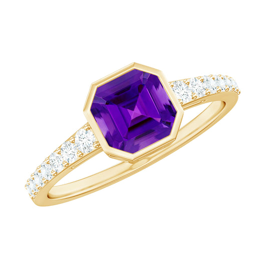 Bezel Asscher Amethyst Solitaire Ring with Diamond Side Stones