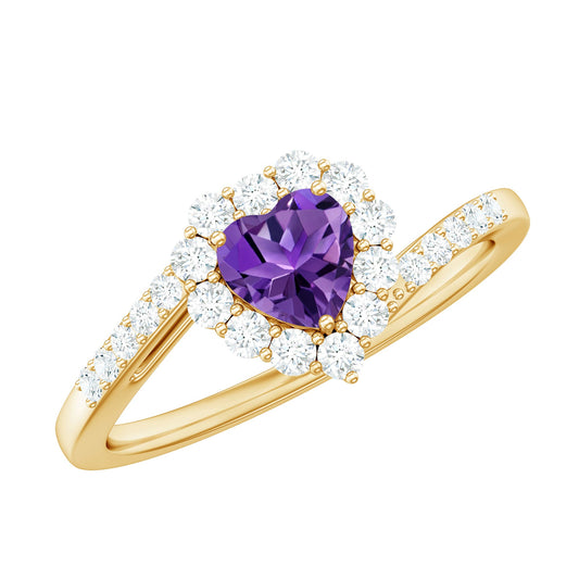 Real 0.9 Carat Amethyst Heart Engagement Ring with Diamond Halo
