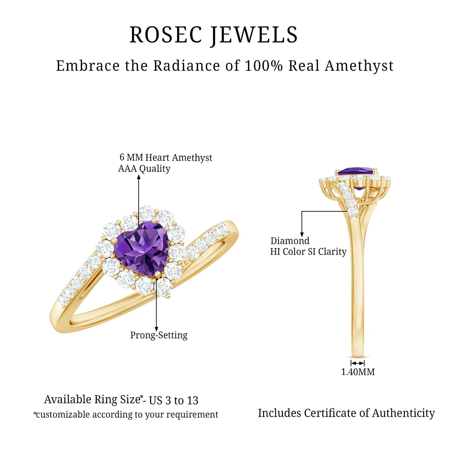 Real 0.9 Carat Amethyst Heart Engagement Ring with Diamond Halo