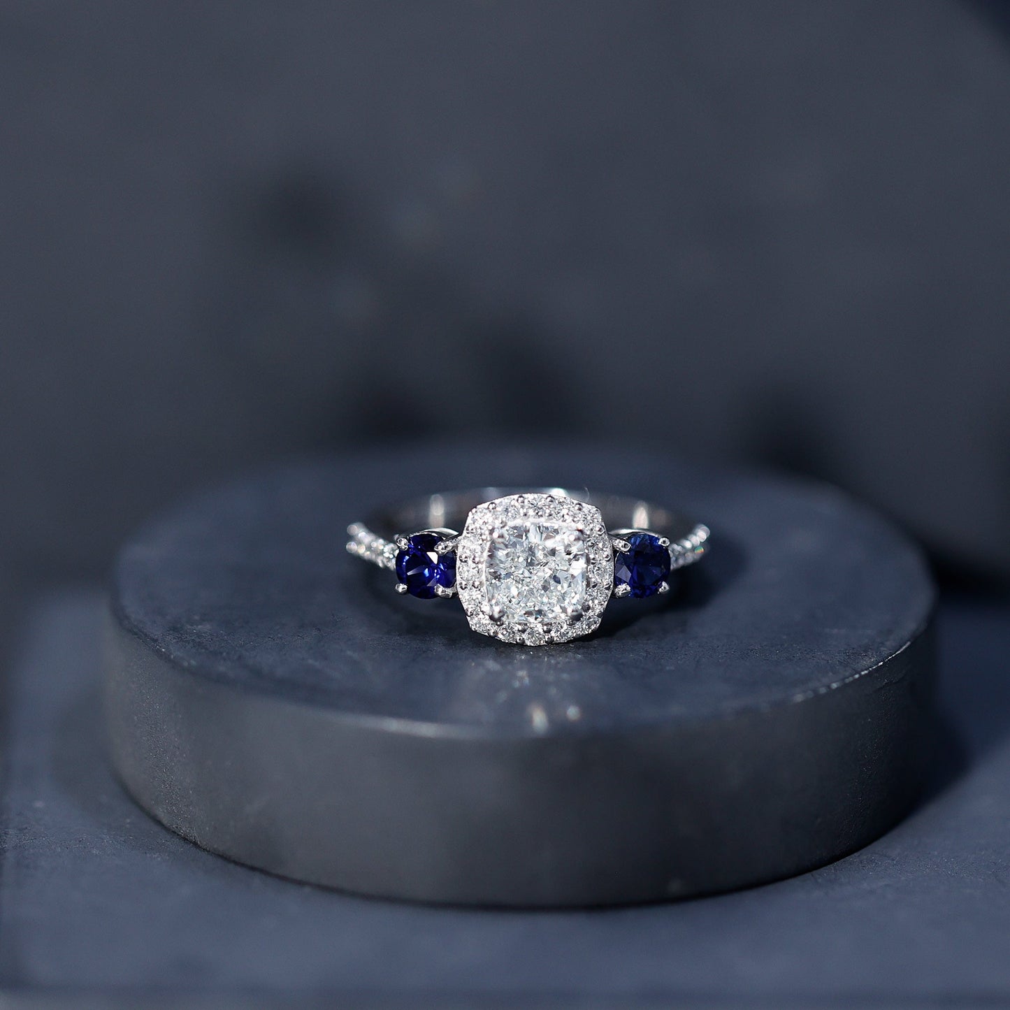 Certified 1.7 Carat Cushion Cut Lab Grown Diamond Engagement Ring with Blue Sapphire